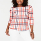 Charter Club Blusa feminina de algodão xadrez com decote canoa rosa pequena extragrande