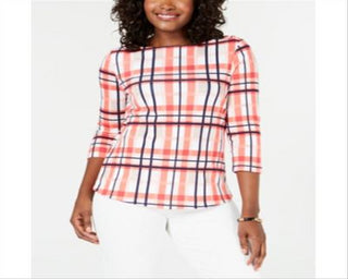 Charter Club Blusa feminina de algodão xadrez com decote canoa rosa pequena extragrande