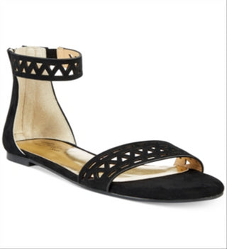 Sandálias rasteiras geométricas de microfibra Jacey Thalia Sodi femininas, pretas, tamanho 5,5 m