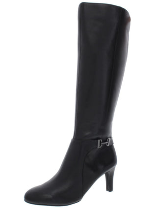 Botas femininas Alfani com detalhe de ferragens Gore Stretch, acolchoadas, Perrii, bico redondo, salto bloco, zíper, couro, salto alto, pretas, tamanho 10 M