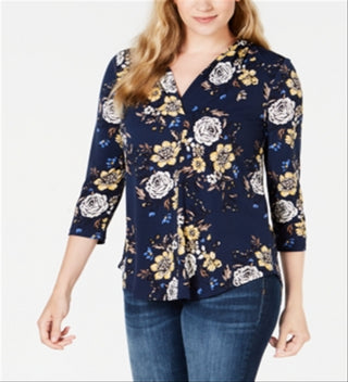 Blusa feminina Charter Club com estampa floral e decote em V, combinação azul Intrepid, tamanho P