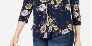 Blusa feminina Charter Club com estampa floral e decote em V, combinação azul Intrepid, tamanho P