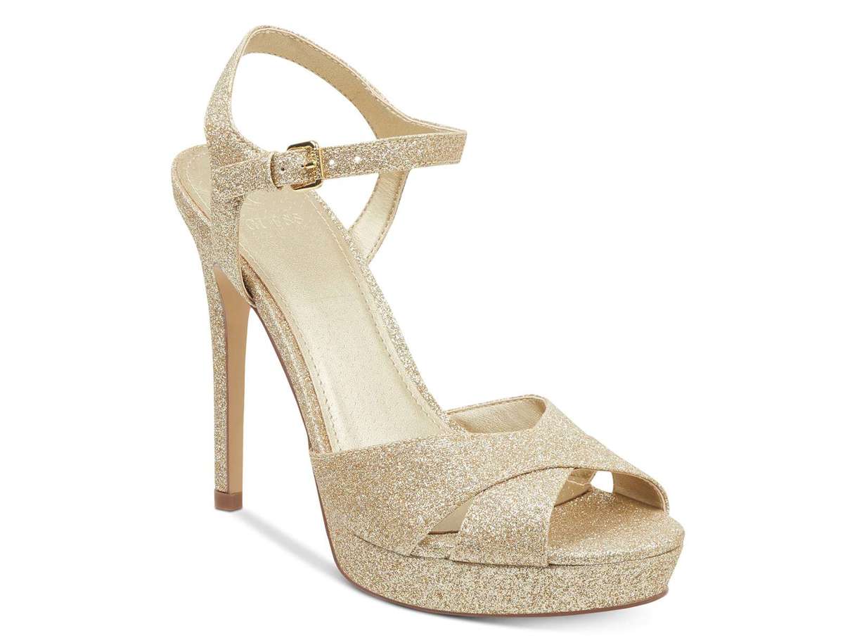 Sandálias femininas Guess Jordie Peep Toe para ocasiões especiais, douradas, tamanho 6