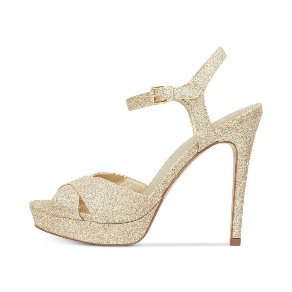 Sandálias femininas Guess Jordie Peep Toe para ocasiões especiais, douradas, tamanho 6