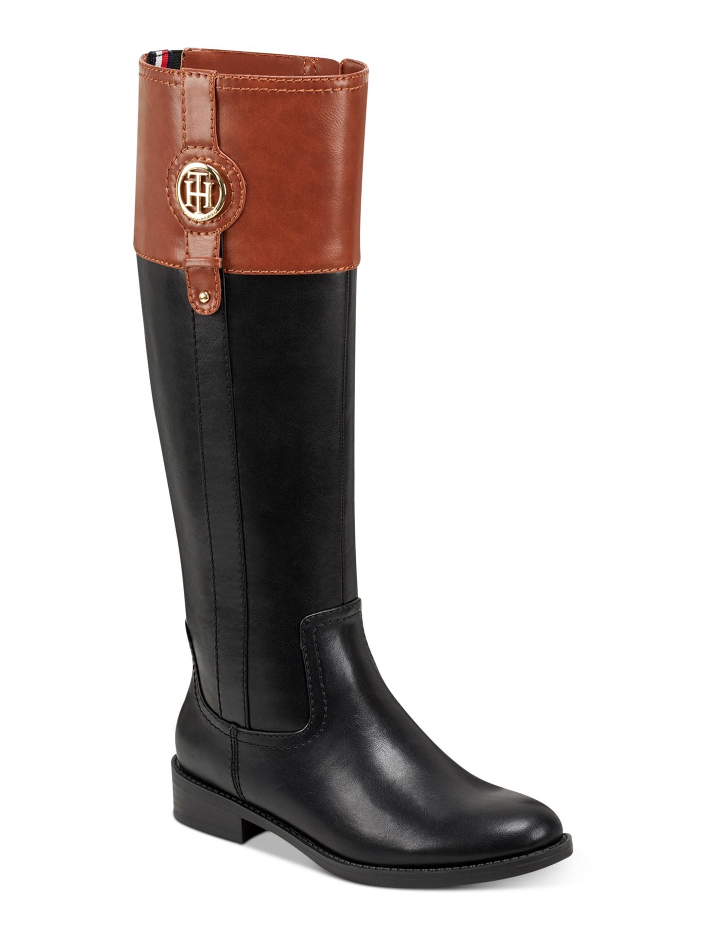 Tommy Hilfiger Imina 3 Botas de montaria femininas de couro sintético até o joelho, pretas, tamanho 7 M