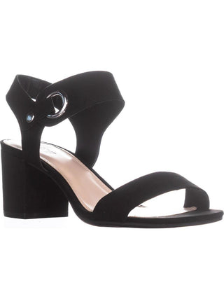 Sandálias femininas Bar III com fecho de ilhós e tira no tornozelo, bico redondo, salto bloco, pretas, tamanho 7 M