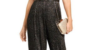 Macacão feminino SLNY com pernas largas e metalizadas, tamanho 16, dourado