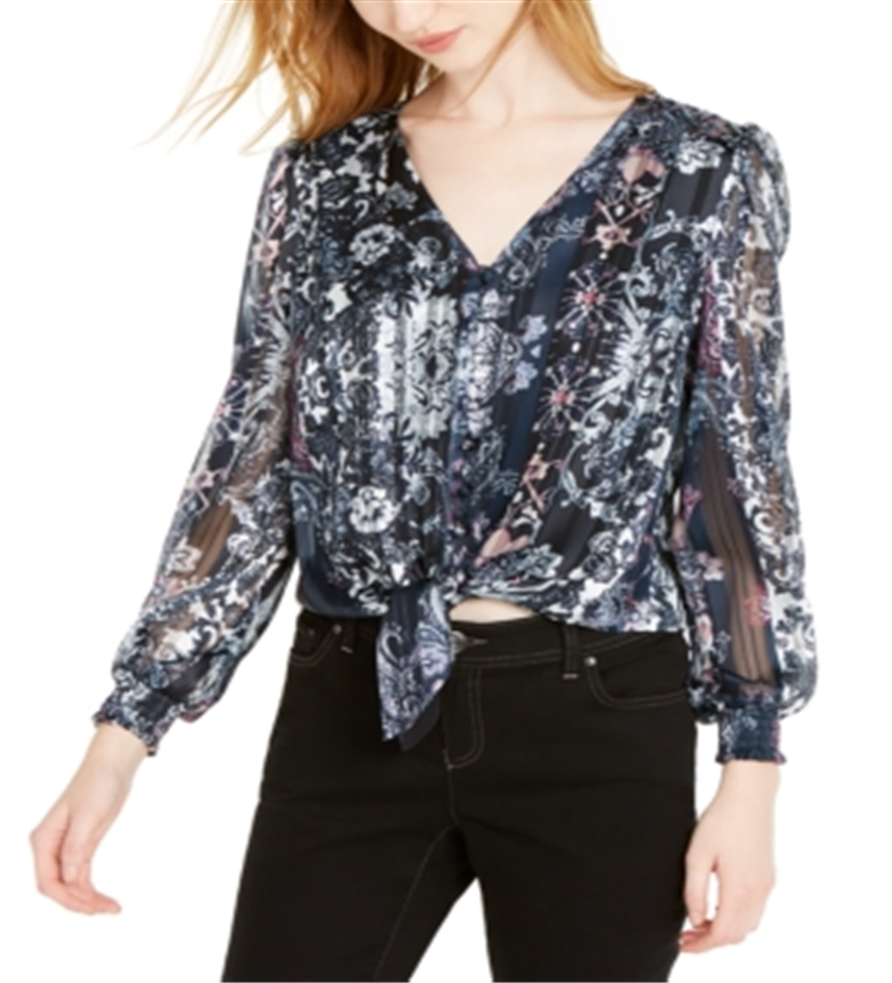 Blusa feminina estampada de manga comprida para noite, azul marinho, tamanho PS