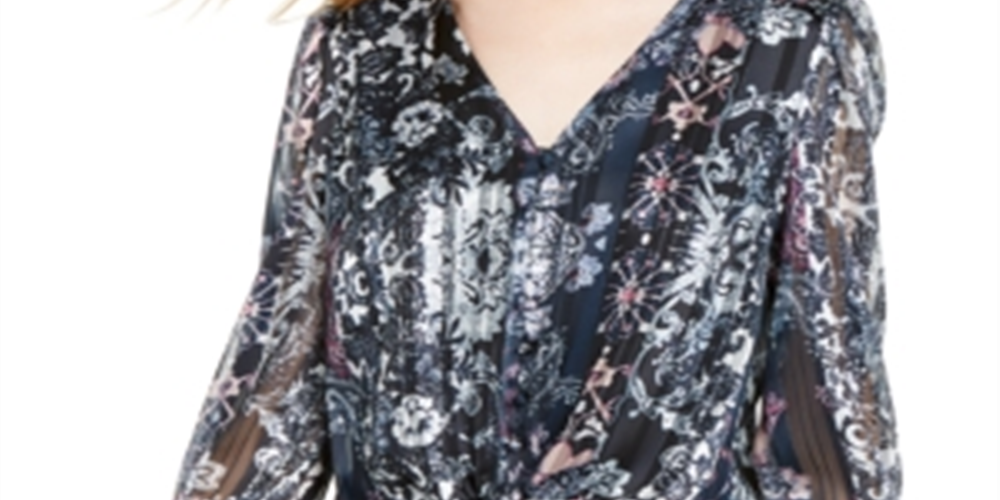 Blusa feminina estampada de manga comprida para noite, azul marinho, tamanho PS