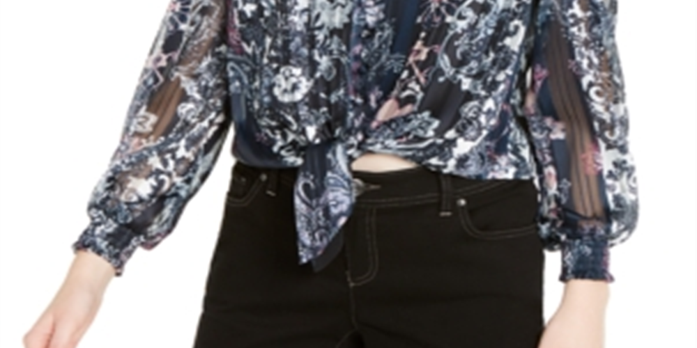 Blusa feminina estampada de manga comprida para noite, azul marinho, tamanho PS