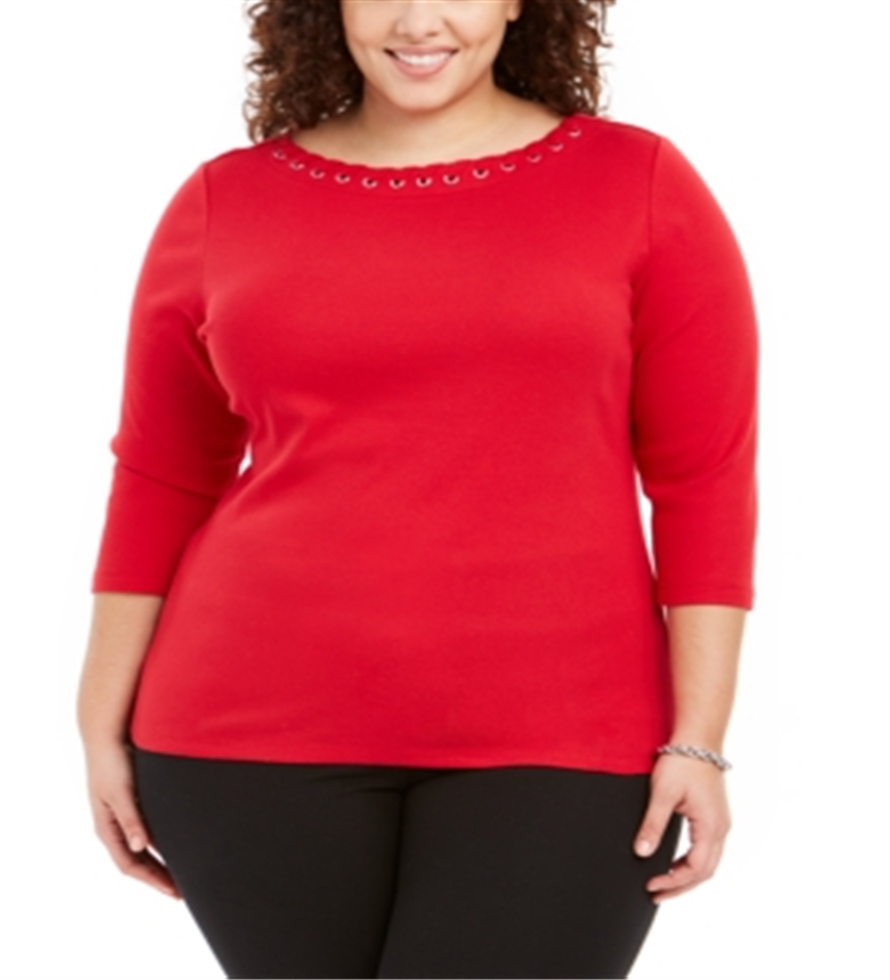 Karen Scott Top de algodão feminino plus size com ilhós e renda, tamanho GG