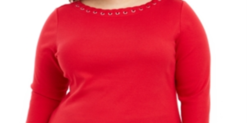 Karen Scott Top de algodão feminino plus size com ilhós e renda, tamanho GG