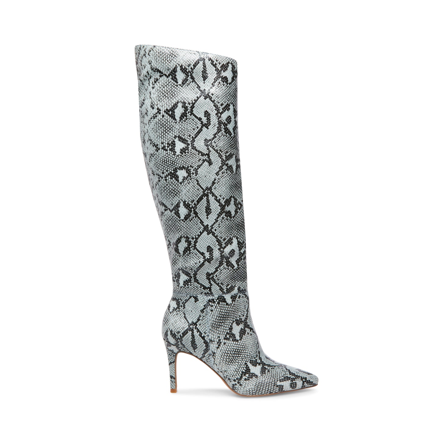 Steve Madden Botas femininas Kimari com salto agulha e bico fino, acolchoadas em pele de cobra, tamanho 6,5 M