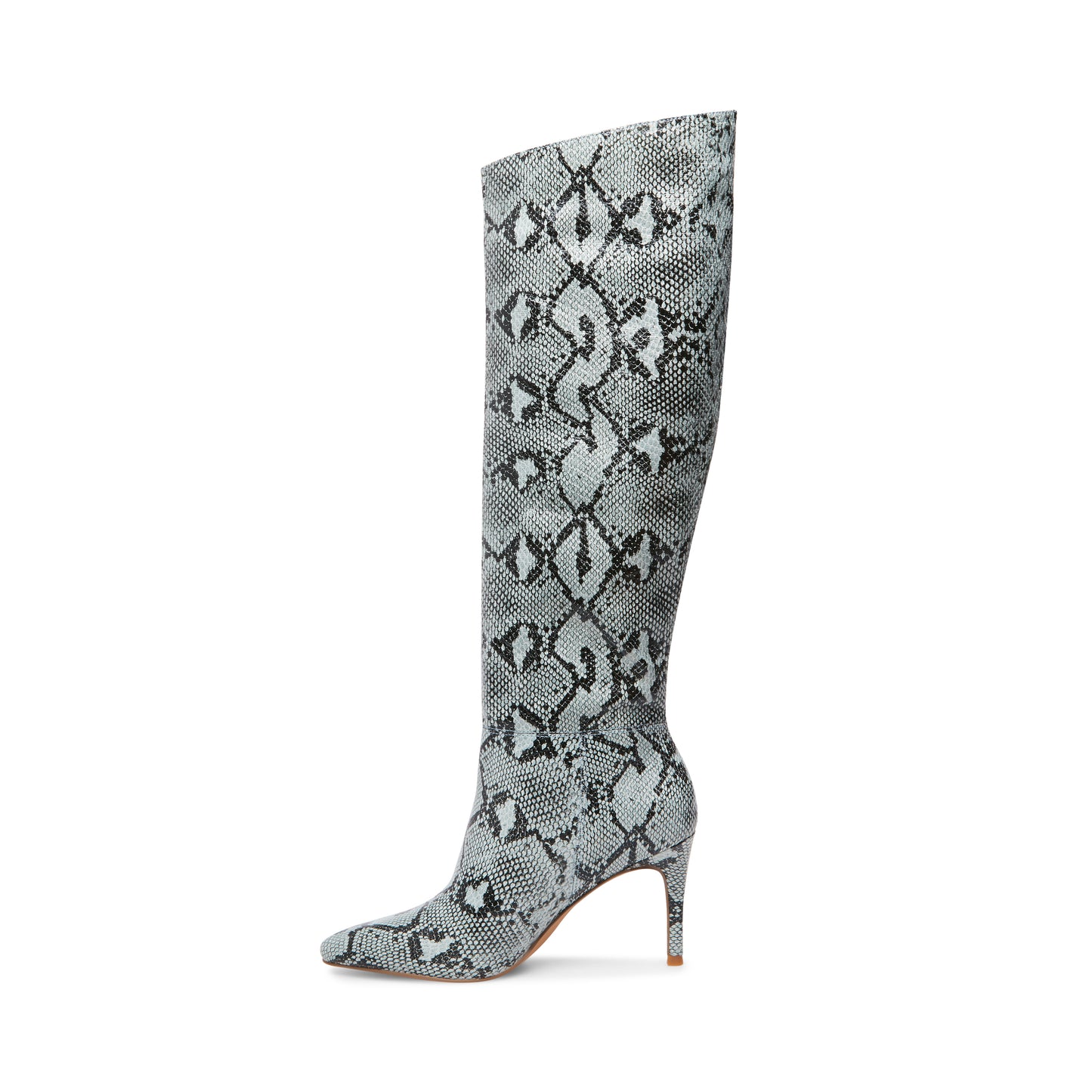 Steve Madden Botas femininas Kimari com salto agulha e bico fino, acolchoadas em pele de cobra, tamanho 6,5 M