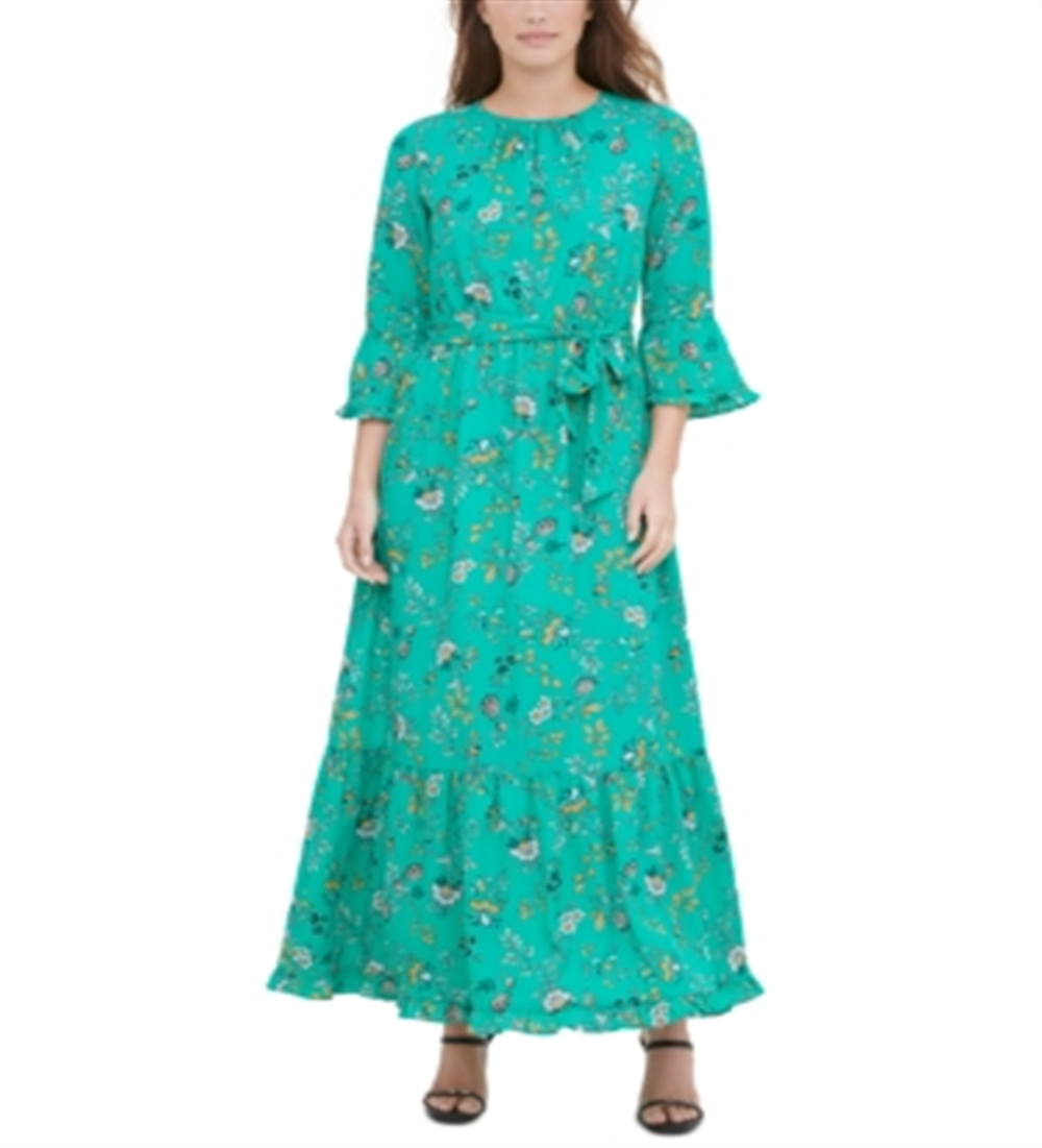 Vestido longo estampado Calvin Klein feminino, estilo camponês, verde, tamanho pequeno