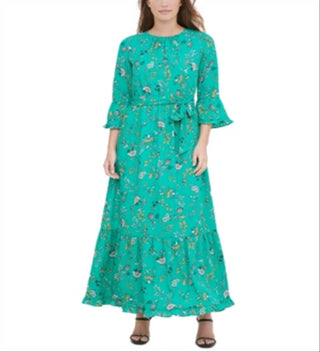 Vestido longo estampado Calvin Klein feminino, estilo camponês, verde, tamanho pequeno