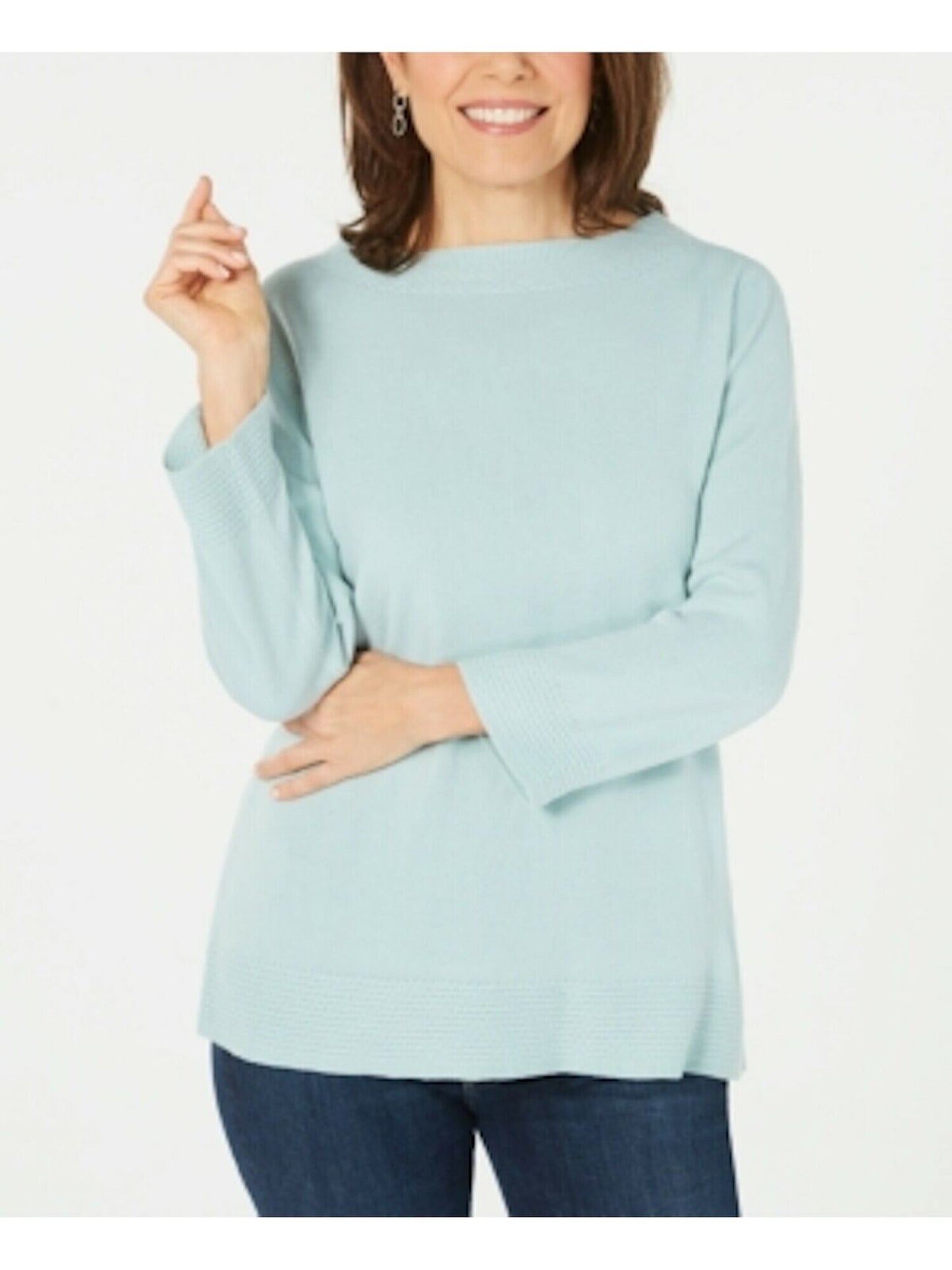 Blusa feminina Karen Scott com estampa canelada, manga comprida, gola redonda, azul, tamanho pequeno P