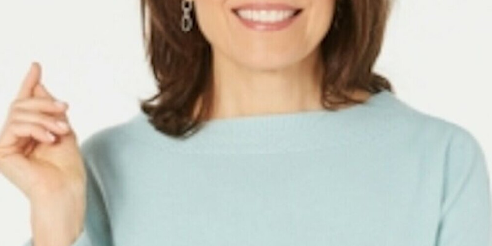 Blusa feminina Karen Scott com estampa canelada, manga comprida, gola redonda, azul, tamanho pequeno P