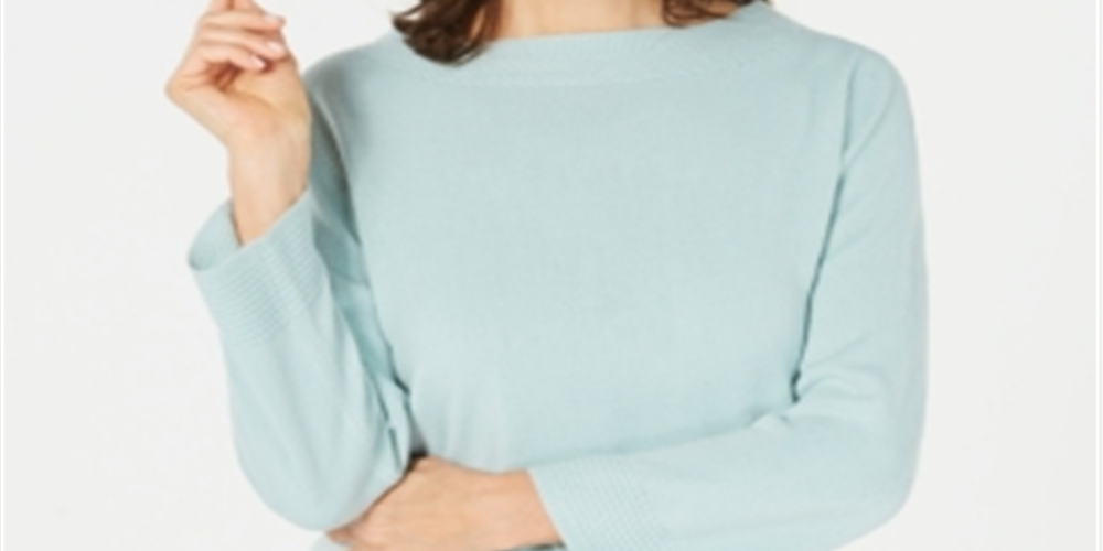 Blusa feminina Karen Scott com estampa canelada, manga comprida, gola redonda, azul, tamanho pequeno P