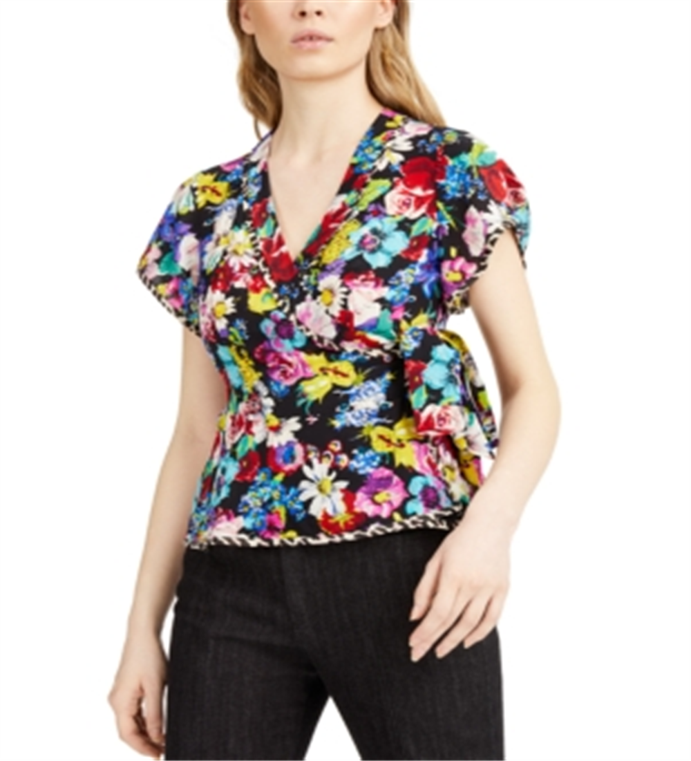 Nanette Lepore Bouquet Wrap Top (Preto Multicolorido) Roupas Femininas Preto Tamanho 12