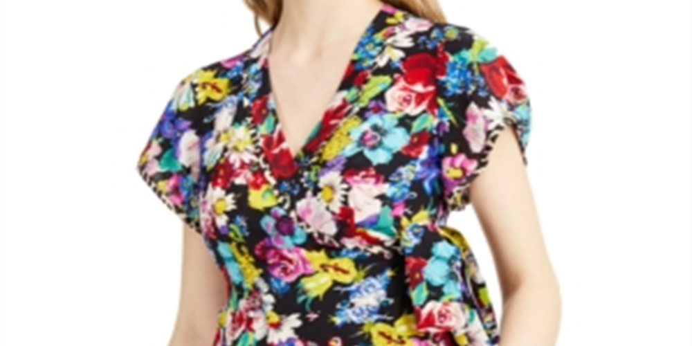 Nanette Lepore Bouquet Wrap Top (Preto Multicolorido) Roupas Femininas Preto Tamanho 12