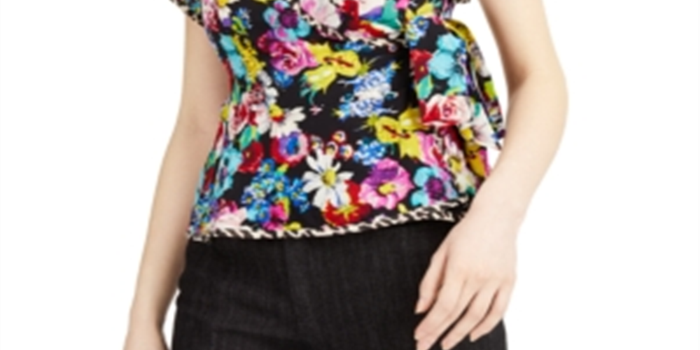 Nanette Lepore Bouquet Wrap Top (Preto Multicolorido) Roupas Femininas Preto Tamanho 12