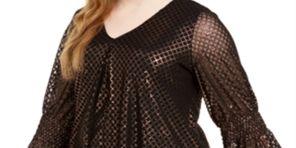 Blusa feminina Alfani com estampa metálica e manga sino, preta, tamanho 1X