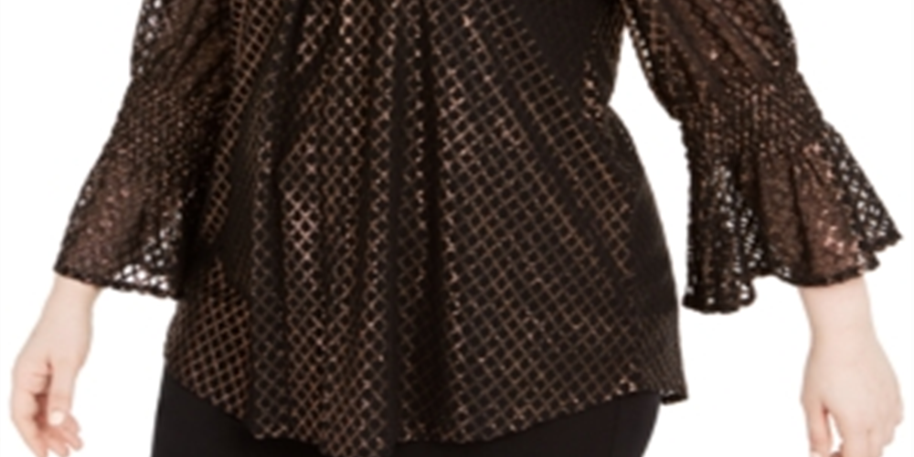 Blusa feminina Alfani com estampa metálica e manga sino, preta, tamanho 1X