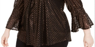 Blusa feminina Alfani com estampa metálica e manga sino, preta, tamanho 1X