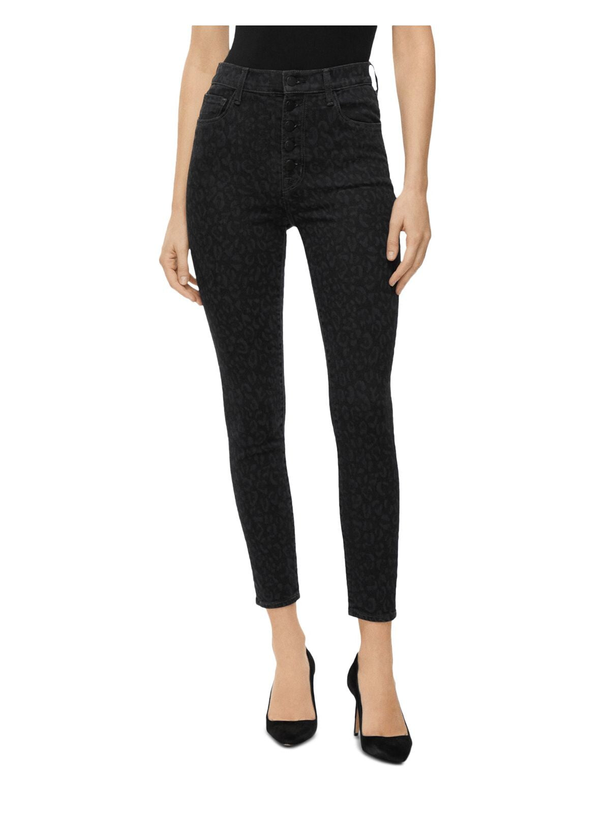 Calça skinny feminina preta com estampa animal J Brand 28