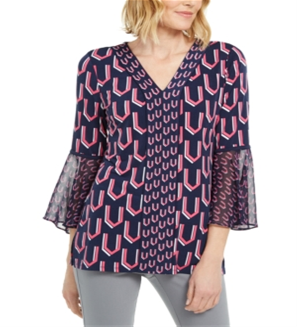 Túnica feminina estampada com manga sino da coleção JM, azul, tamanho XL