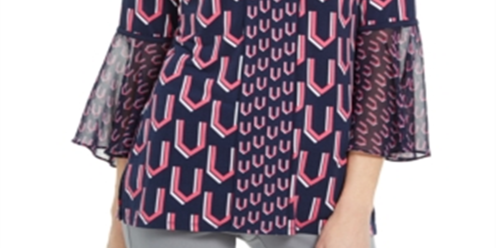 Túnica feminina estampada com manga sino da coleção JM, azul, tamanho XL