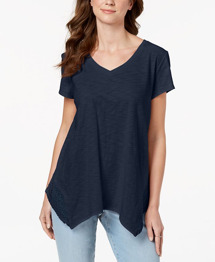 Camiseta feminina de crochê com bainha de lenço Style &amp; Co - Verde, tamanho XS