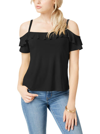 Blusa feminina Bar III com babados e ombros descobertos, preta, tamanho GG
