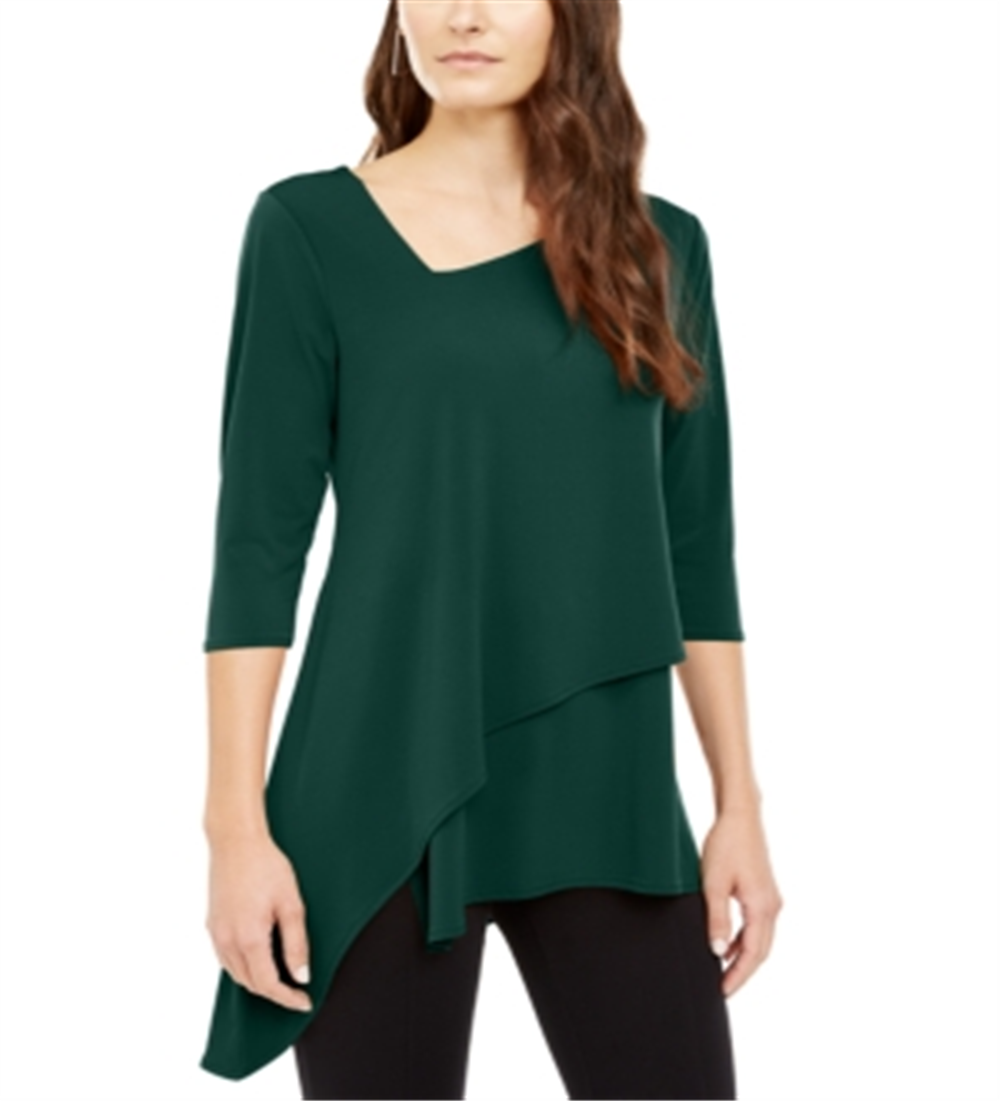Blusa feminina Alfani com bainha assimétrica e manga 3/4, verde, tamanho médio