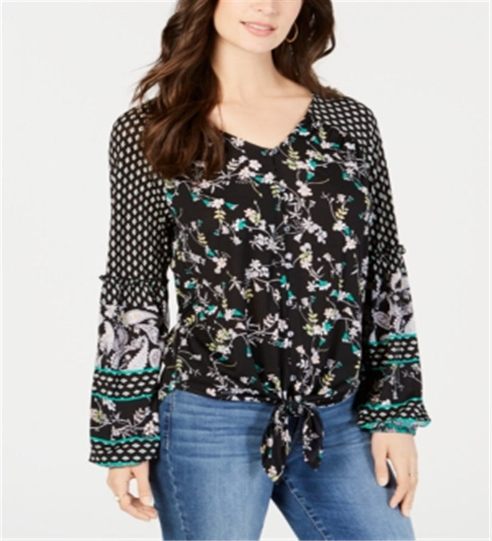 Top feminino com estampa mista e amarração frontal, preto, Happy Mix, tamanho XS