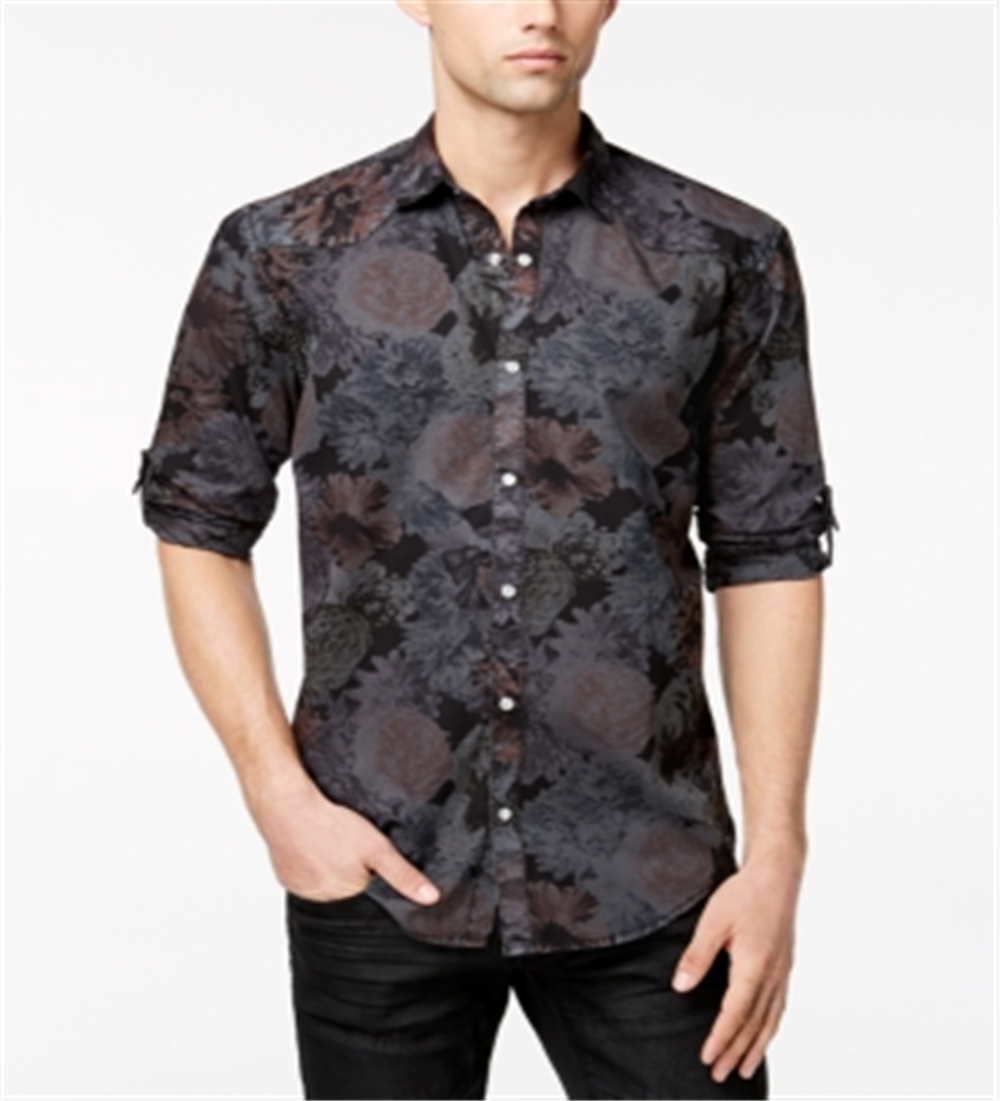 Camisa masculina de algodão com estampa floral e botões NC, cinza, tamanho XS