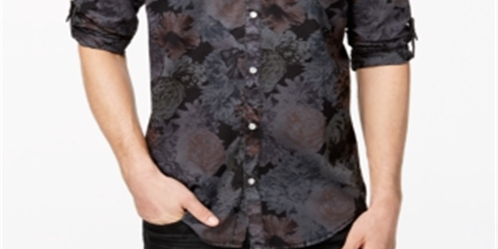 Camisa masculina de algodão com estampa floral e botões NC, cinza, tamanho XS