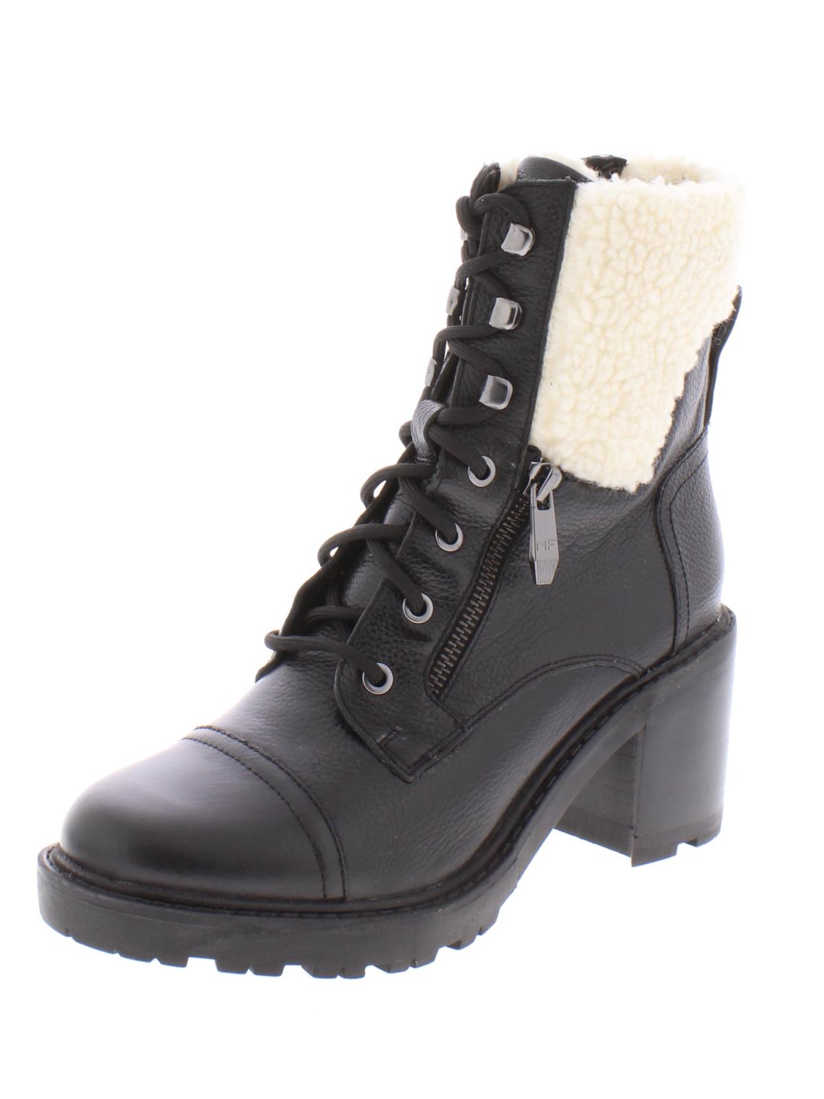 Botas de couro com zíper e cadarço Marc Fisher femininas, bico fino, sola de couro, acabamento em pele, bico redondo Lansly, salto bloco, zíper, tamanho 10 M