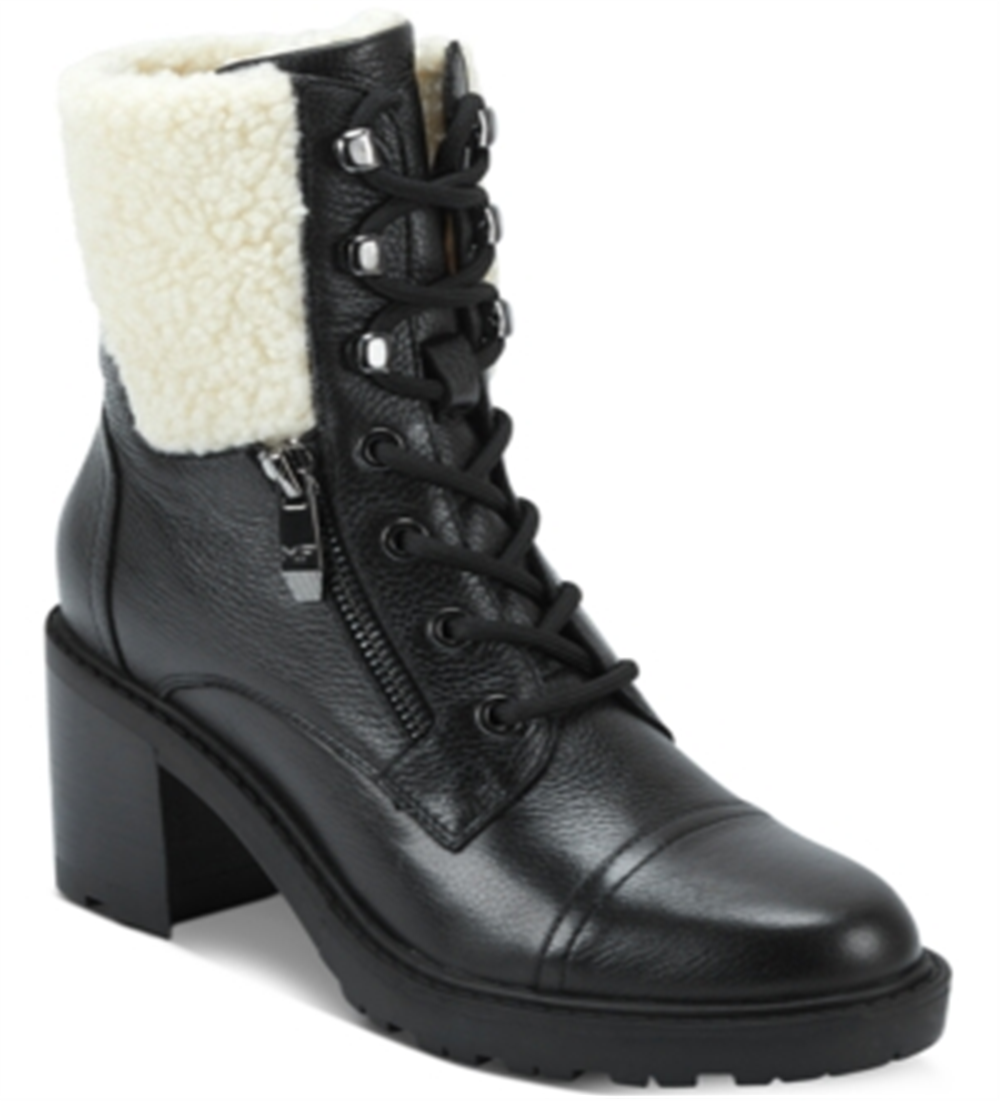 Botas de couro com zíper e cadarço Marc Fisher femininas, bico fino, sola de couro, acabamento em pele, bico redondo Lansly, salto bloco, zíper, tamanho 10 M