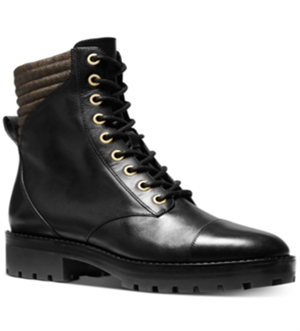Botas militares masculinas Michael Kors Bastian de couro com bico fechado e cano curto, pretas, tamanho 5,5