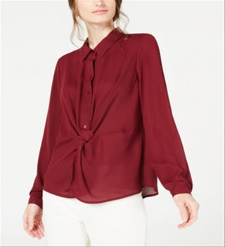 Blusa feminina Alfani com botões e frente torcida, Malbec, vermelha, tamanho médio