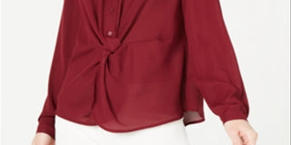 Blusa feminina Alfani com botões e frente torcida, Malbec, vermelha, tamanho médio