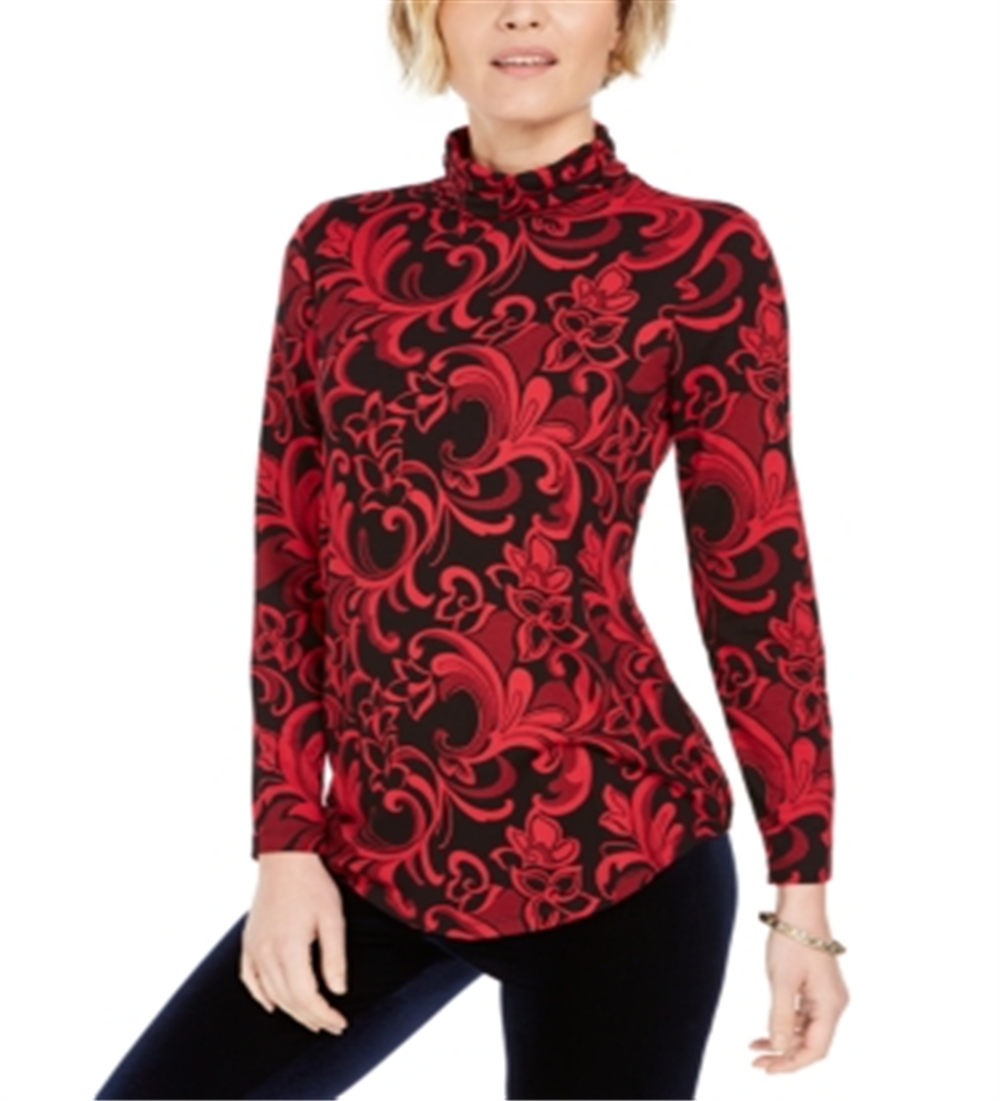 Blusa feminina de gola alta estampada JM Collection, vermelha, tamanho pequeno G