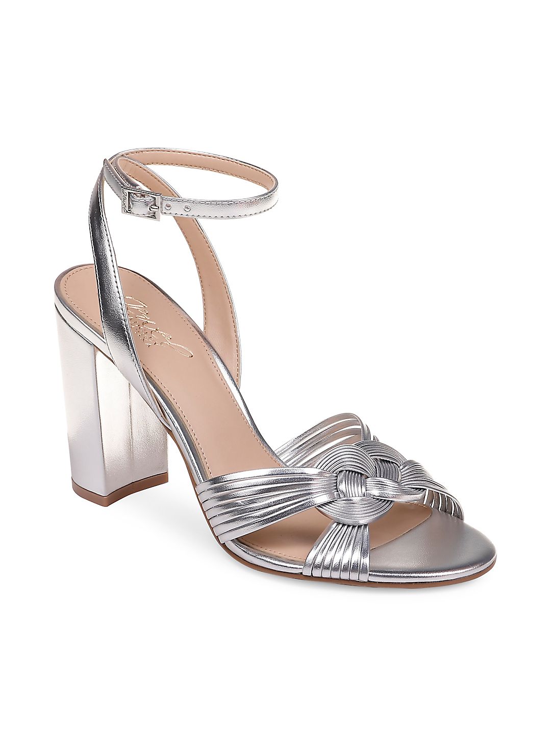 Sandália feminina Jewel Badgley Mischka com salto bloco e nó Krystal, tamanho 6 M, prateada