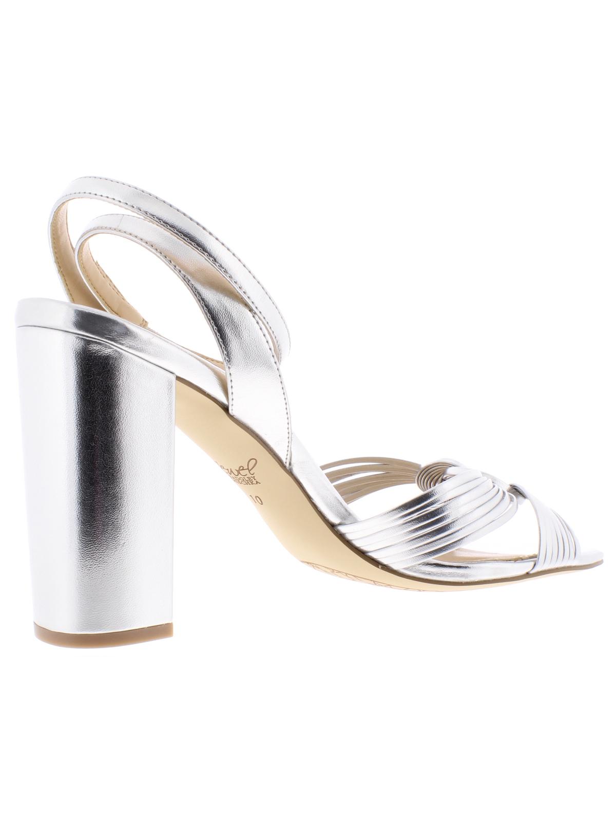 Sandália feminina Jewel Badgley Mischka com salto bloco e nó Krystal, tamanho 6 M, prateada