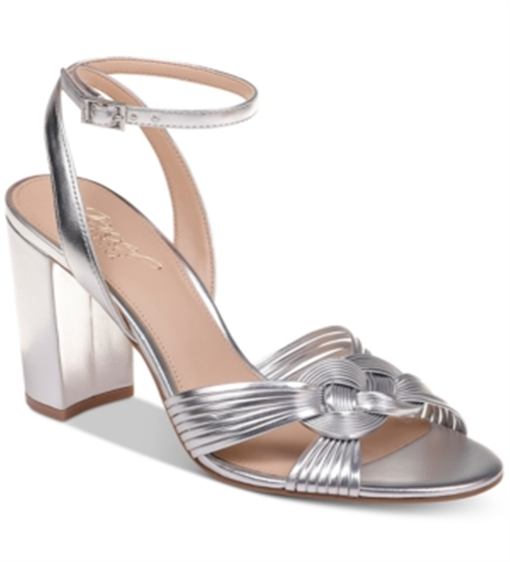 Sandália feminina Jewel Badgley Mischka com salto bloco e nó Krystal, tamanho 6 M, prateada