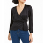BAR III Blusa feminina manga comprida gola V falso envelope para usar no trabalho, preta, tamanho M