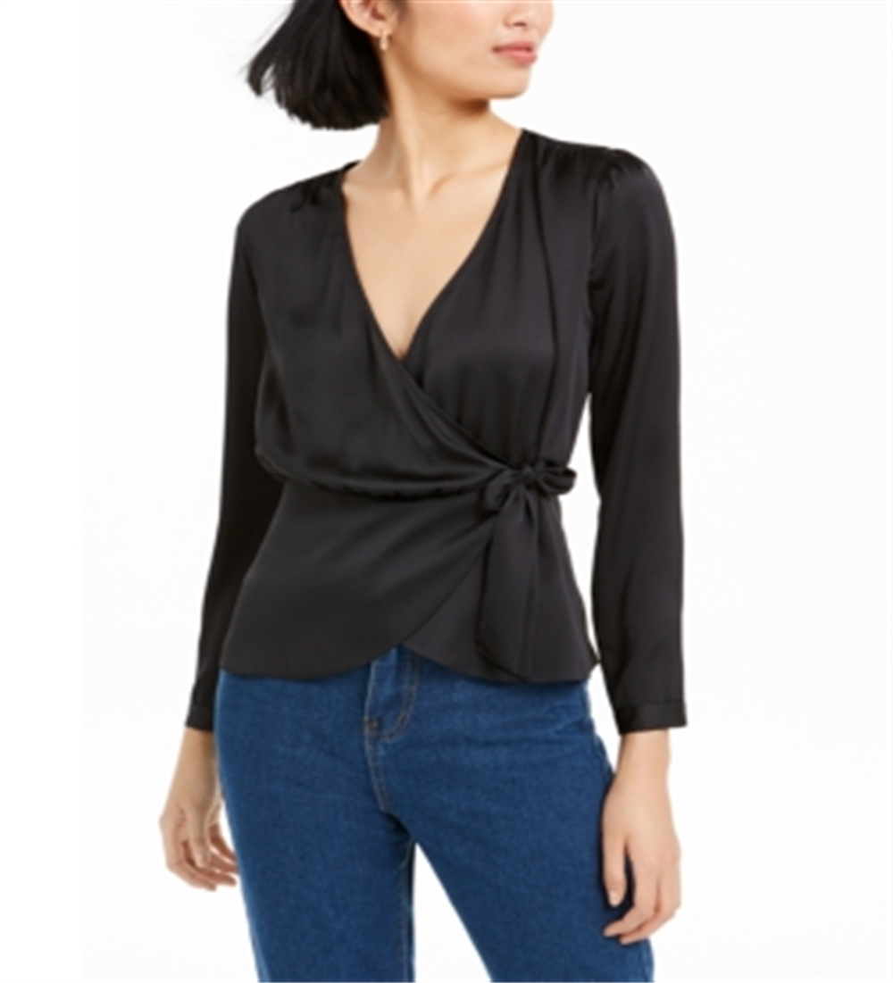 BAR III Blusa feminina manga comprida gola V falso envelope para usar no trabalho, preta, tamanho M