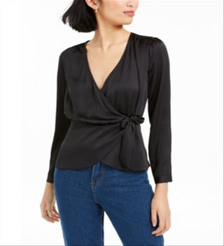 BAR III Blusa feminina manga comprida gola V falso envelope para usar no trabalho, preta, tamanho M